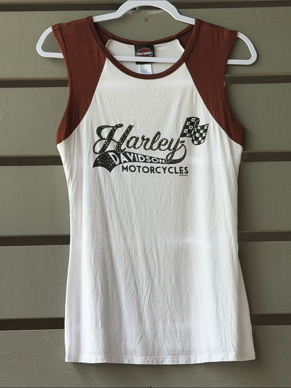 Harley-Davidson White Tank with Brown Raglan Shoulders and Black Logo